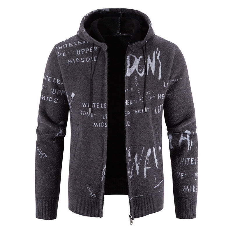 Herren Strick-Kapuzenjacke mit durchgehendem Reißverschluss, grafischem Allover-Print und Eingrifftaschen Shop Nory
