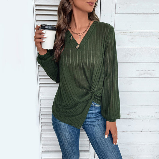 Damen Tailliertes Rippstrick-Longsleeve mit V‑Ausschnitt, Knopfleiste und Twist‑Knoten Shop Nory