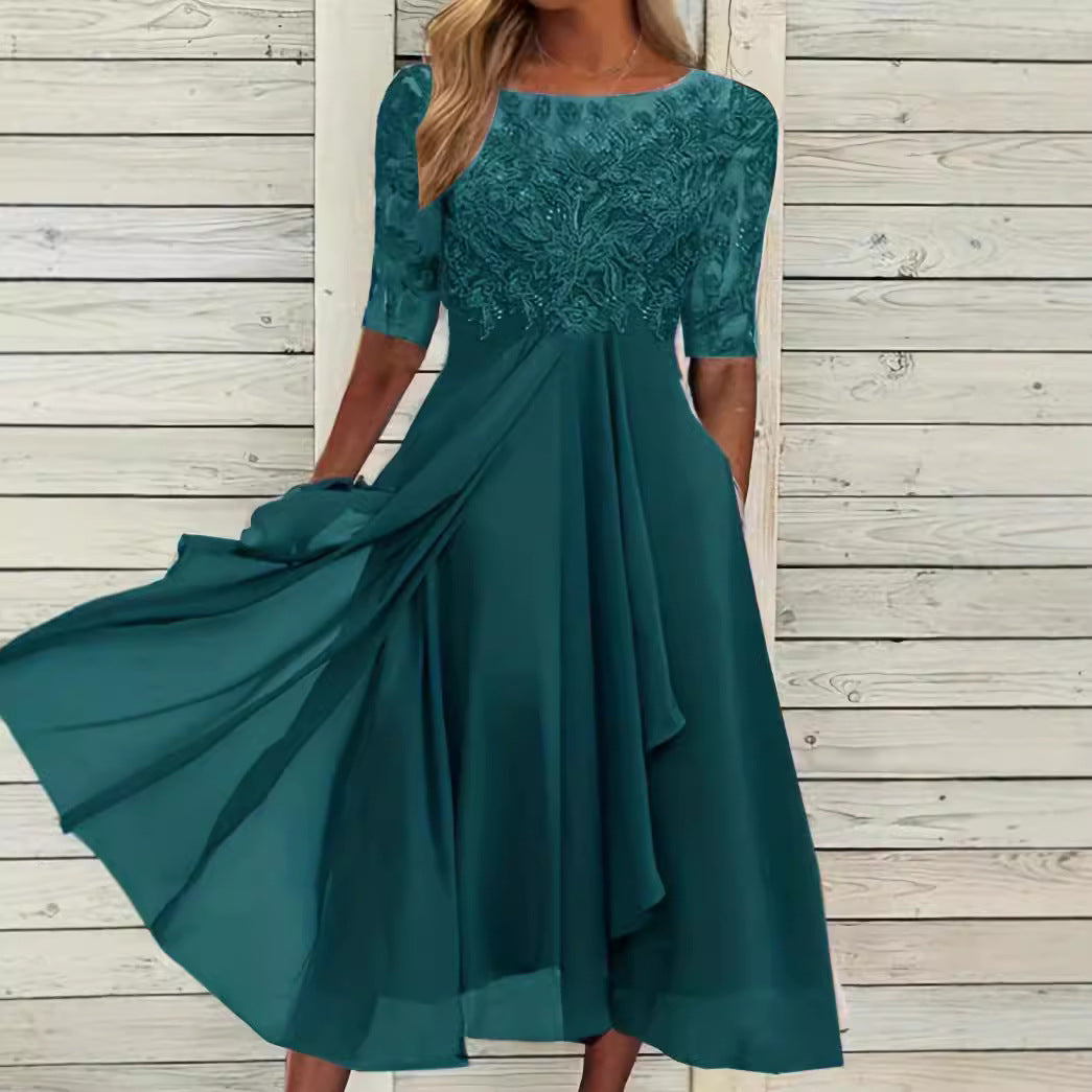 Damen nan elegantes Cocktailkleid mit bestickter Korsage, U-Boot-Ausschnitt und fließendem Chiffonrock