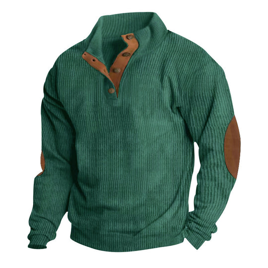 Herren nan gerippter Pullover mit Henley-Kragen und Leder-Ellbogenpatches Shop Nory