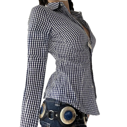 Damen nan taillierte Karobluse mit Hemdkragen, durchgehender Knopfleiste und geschwungenem Saum Shop Nory