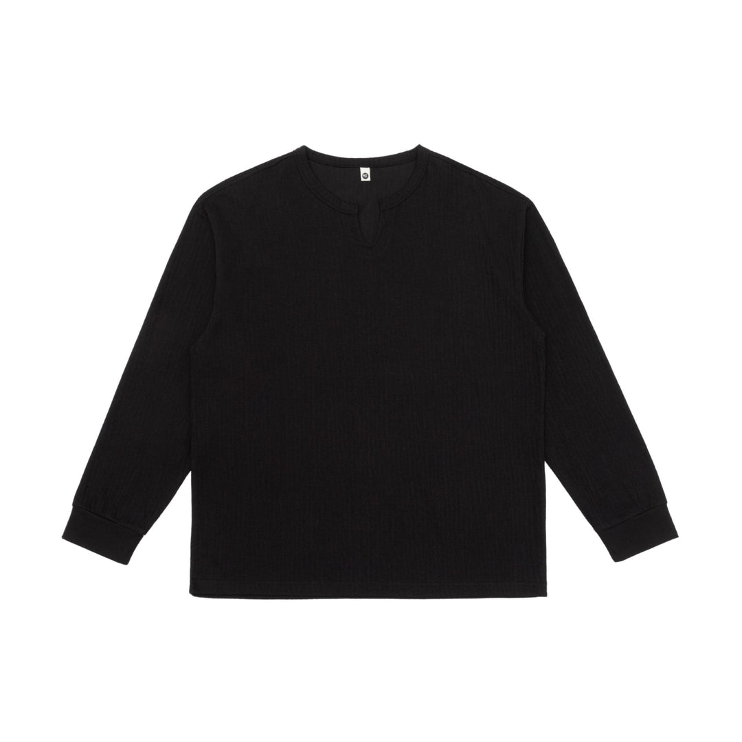 Unisex Leichtes Struktur-Langarmshirt mit Schlitzkragen und gerippten Bündchen Shop Nory
