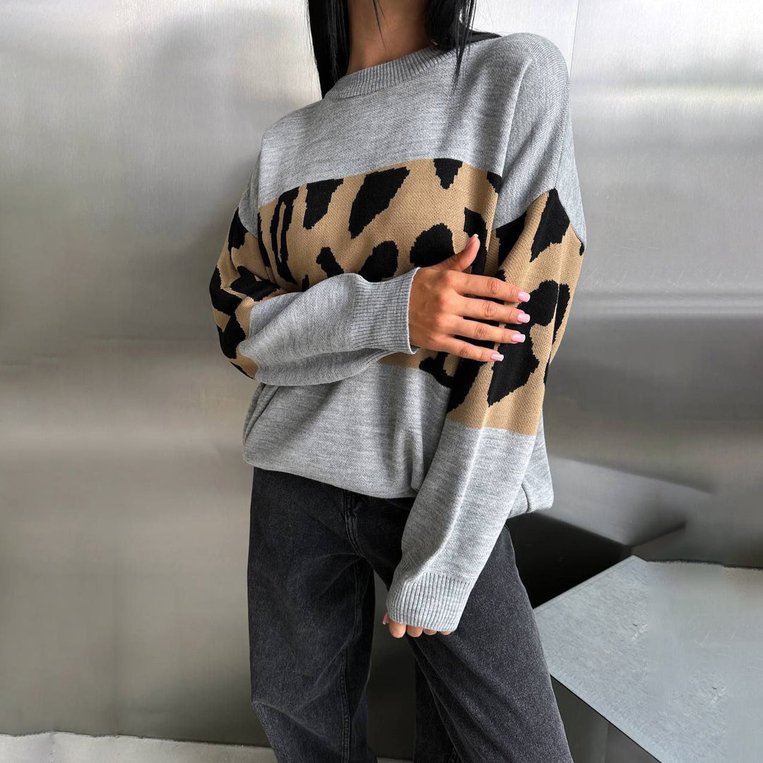 Damen Oversized Strickpullover mit Leoparden-Bahnen, überschnittener Schulter und geripptem Saum Shop Nory