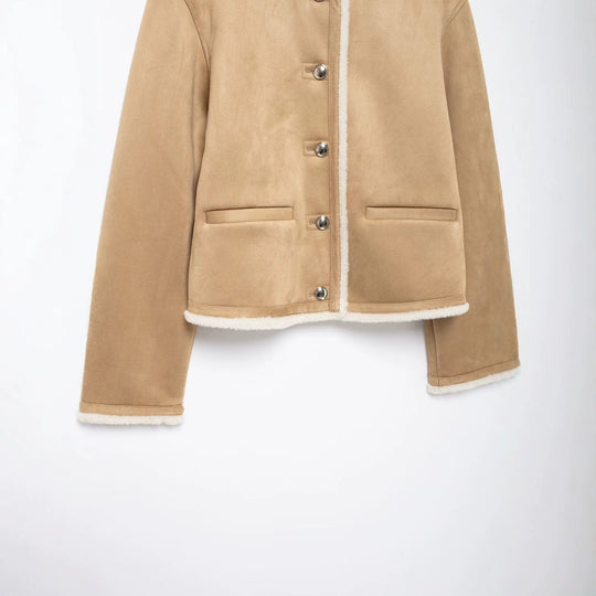 Damen Kurze Lammfelloptik-Cardiganjacke aus Veloursimitat mit Rundhals und Druckknöpfen Shop Nory