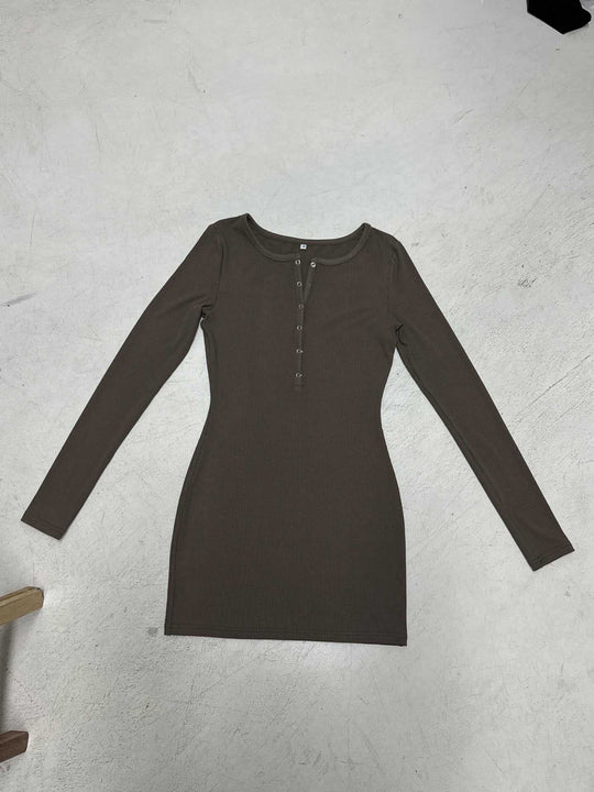 Damen nan figurbetontes Ripp-Strickkleid mit Henley-Knopfleiste und langem Arm Shop Nory