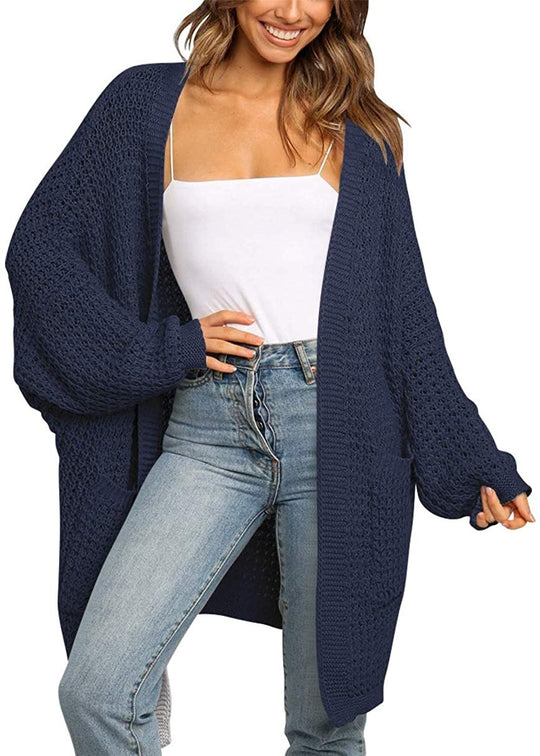 Damen Langer Offener Grobstrick-Cardigan im Cocoon-Schnitt mit Eingrifftaschen Shop Nory