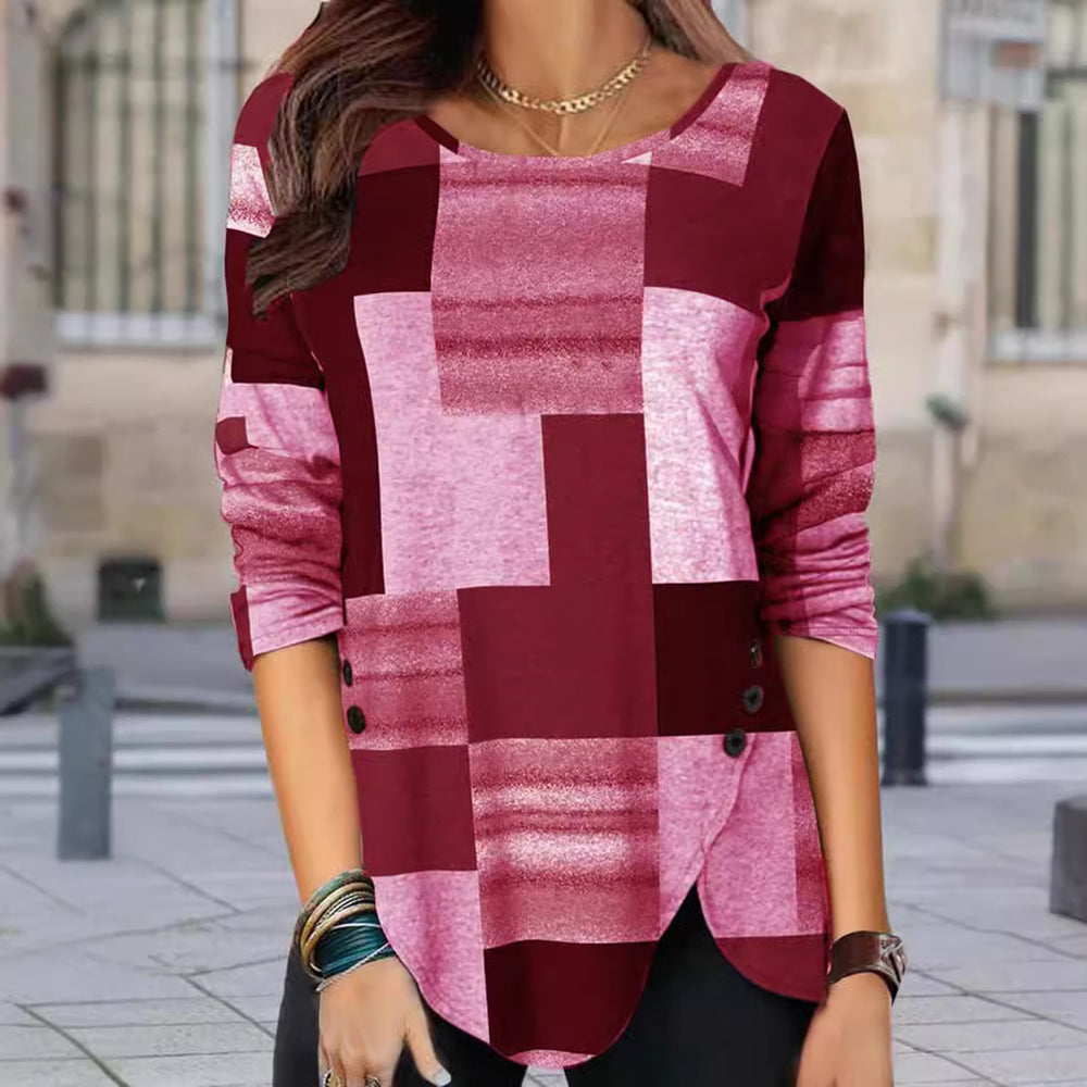 Damen gemustertes Langarm-Tunika-Shirt mit asymmetrischem Saum und dekorativer Knopfleiste Shop Nory