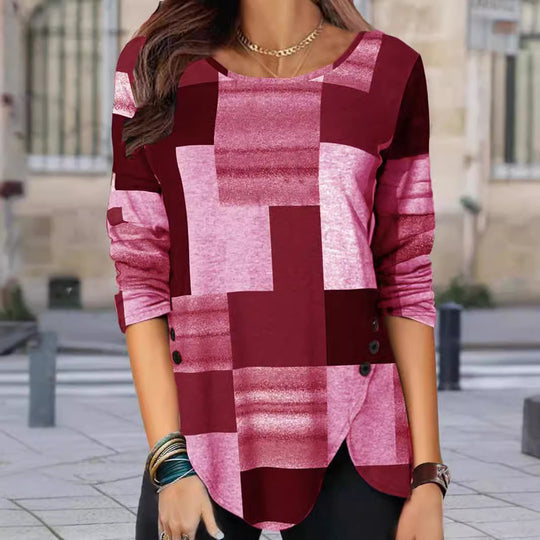 Damen gemustertes Langarm-Tunika-Shirt mit asymmetrischem Saum und dekorativer Knopfleiste Shop Nory