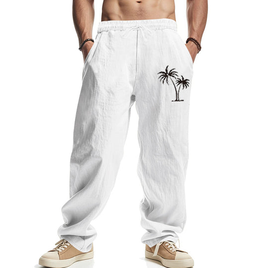 Herren Leichte Leinenoptik-Freizeithose mit elastischem Bund, Kordelzug & Palmen‑Stickerei Shop Nory