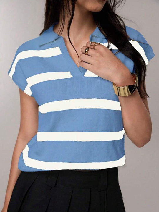 Damen Gestreiftes Kurzarm-Stricktop mit V-Kragen und überschnittener Schulter Shop Nory