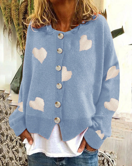 Damen Geknöpfter Oversize-Strickcardigan mit Herz-Jacquard und Perlmuttknöpfen Shop Nory