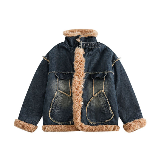 Damen Denim‑Blouson mit Teddyfutter, hohem Schnallenkragen und Used‑Effekt Shop Nory