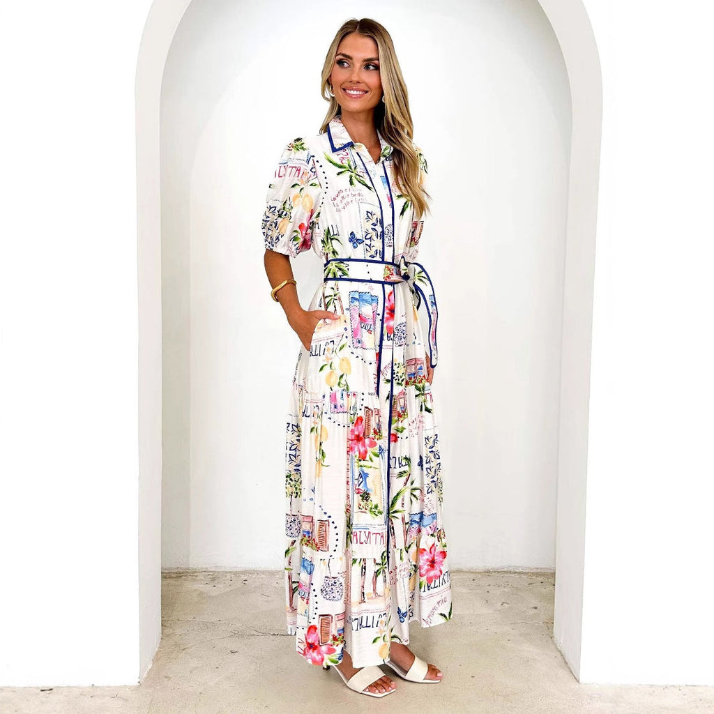 Damen Luftiges Maxikleid mit floralem Grafikdesign und praktischen Taschen Shopnory