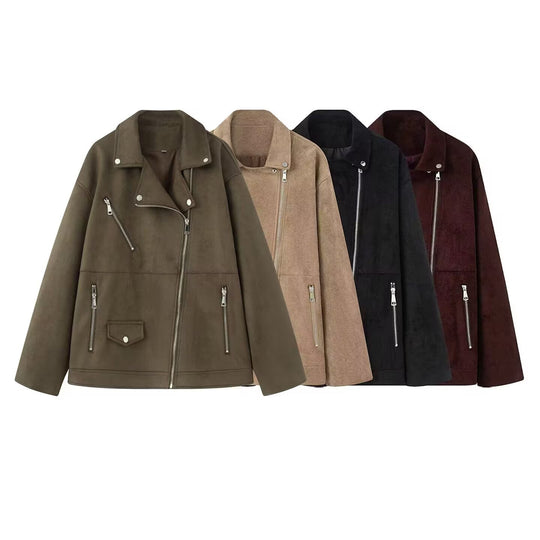 Damen Asymmetrische Veloursleder‑Optik Bikerjacke mit Stehkragen und Zippern Shop Nory