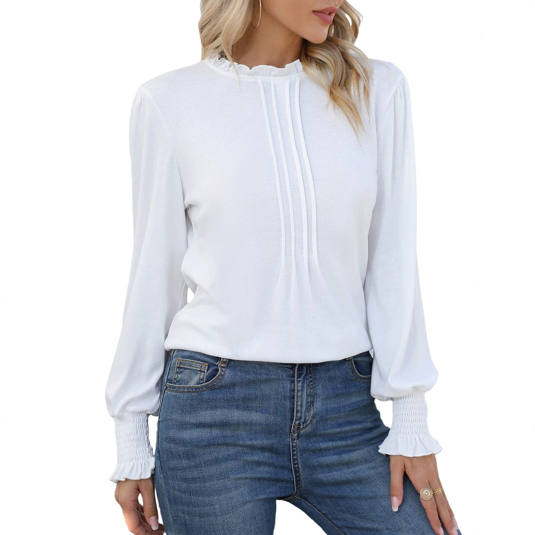 Damen Langarmbluse mit Stehkragen, Kellerfalten-Front und gerafften Manschetten Shop Nory