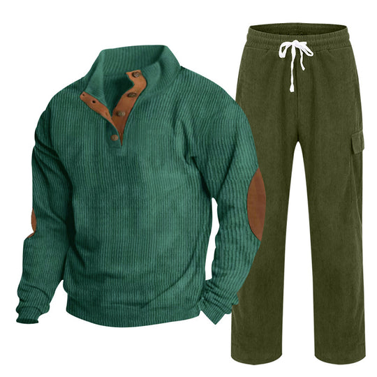 Herren Gemütliches Freizeit-Set aus Waffelstrick-Henley mit Ellenbogenpatch und Relax-Cargo-Hose Shop Nory