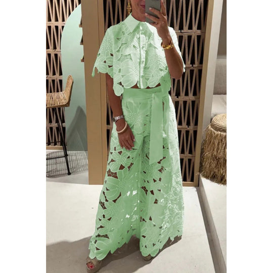 Damen Zweiteiliges Spitzen-Set mit Blumenstickerei und Palazzohose Shop Nory