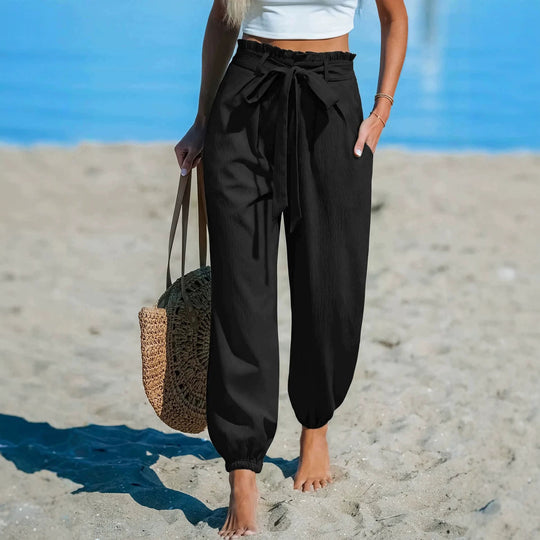 Damen Leichte Paperbag-Hochbund-Hose mit Bindegürtel, Seitentaschen und elastischen Knöchelbündchen Shop Nory