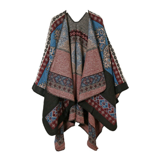 Damen Wollmix-Jacquard-Capeponcho im Ethno-Look mit dekorativer Ziernaht Shop Nory