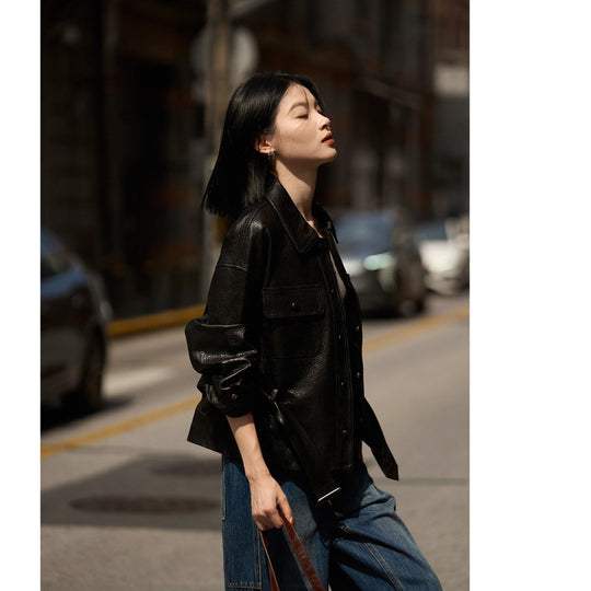 Damen Kurzjacke aus strukturiertem Leder mit Taillengürtel und Druckknöpfen Shop Nory