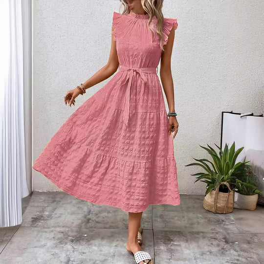 Damen Midikleid mit Stehkragen, Rüschenärmeln und Taillengürtel Shop Nory