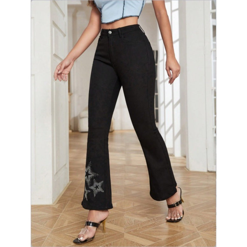 Damen Taillenhohe Stretch-Bootcut-Jeans mit Strass-Stern-Applikation am Saum Shop Nory