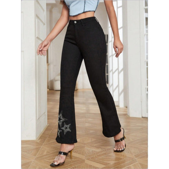 Damen Taillenhohe Stretch-Bootcut-Jeans mit Strass-Stern-Applikation am Saum Shop Nory