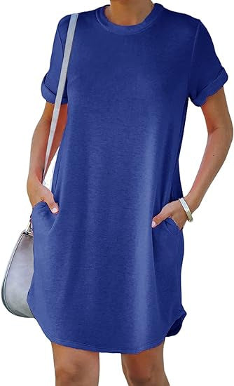 Damen lässiges Freizeitkleid mit Taschen und Rundhalsausschnitt