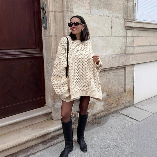 Damen Oversized Grobstrickpullover mit Zopfmuster und weiten Ballonärmeln Shop Nory