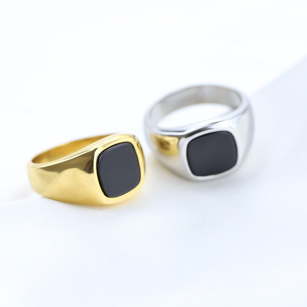 Herren Siegelring mit quadratischem Onyx und glänzender Edelstahlfassung Shop Nory