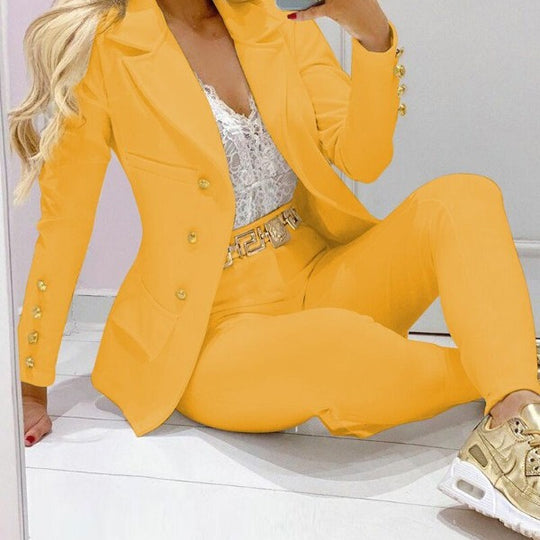 Damen Taillierter Zweiteiler Blazer mit Goldknöpfen und Slim-Fit Hose Shop Nory