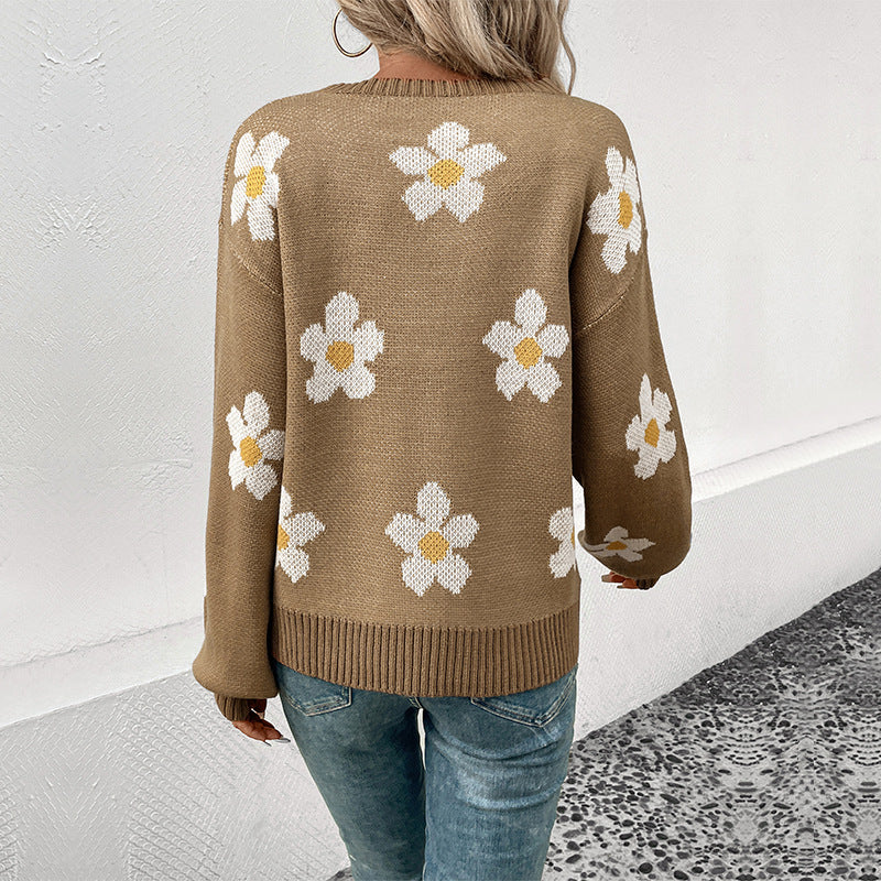 Damen Oversize-Strickpullover mit Blumenjacquard, Rundhalsausschnitt und Ballonärmeln Shop Nory