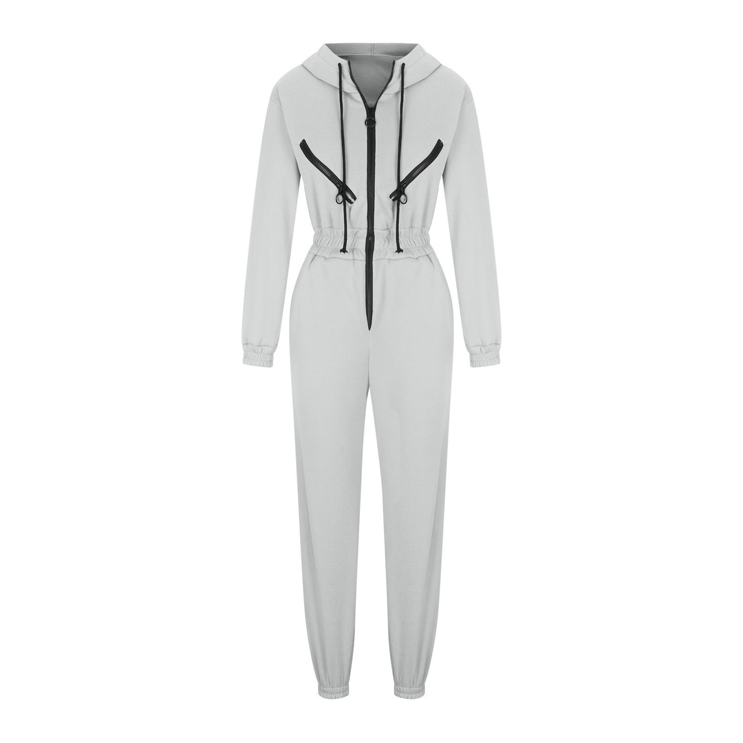 Damen taillierter Kapuzen-Jumpsuit mit elastischem Bund und markanten Kontrast-Reißverschlüssen Shop Nory