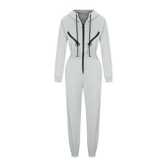 Damen taillierter Kapuzen-Jumpsuit mit elastischem Bund und markanten Kontrast-Reißverschlüssen Shop Nory