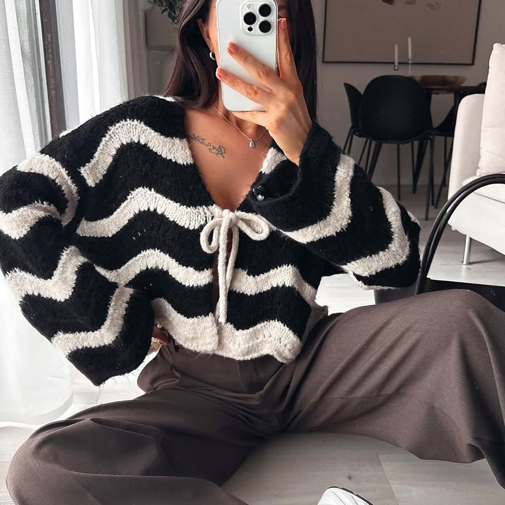 Damen Kuscheliger Kurz-Cardigan mit Zickzack-Textur, BindShop Noryand & Oversize-Ärmeln Shop Nory
