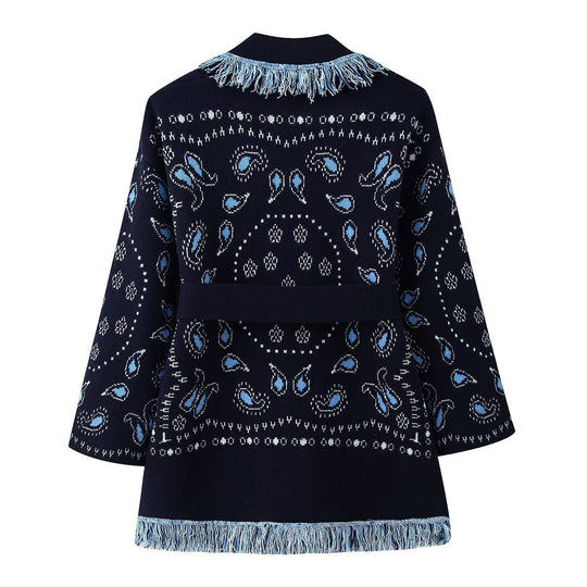 Damen Fransen-Strickjacke mit Paisley-Jacquard, Taillengürtel und offener Kimono-Silhouette Shop Nory