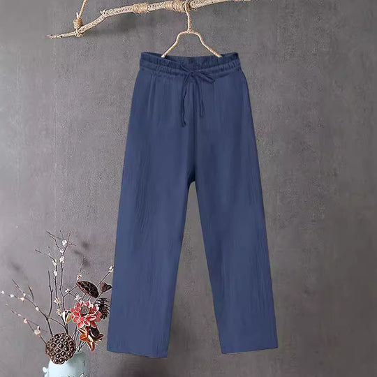 Damen Crinkle Leinenmischung Hose mit elastischem Kordelzug, gerade Beinform und lässiger Passform Shop Nory