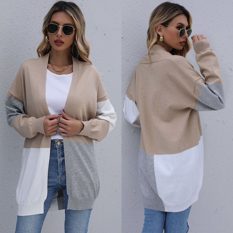 Damen Langer Colorblock-Feinstrickcardigan mit offener Front und überschnittener Schulter Shop Nory