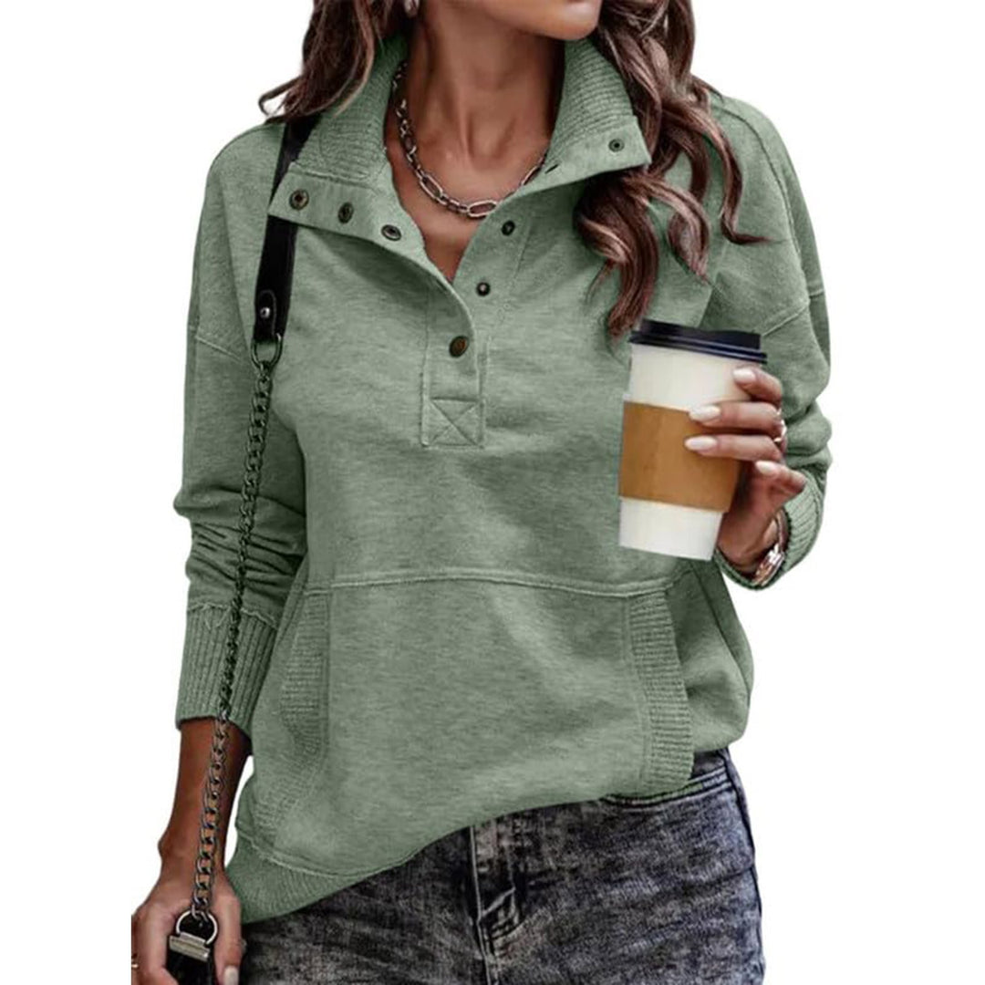 Damen Sweatpullover mit Stehkragen-Knopfleiste und Kängurutasche Shop Nory
