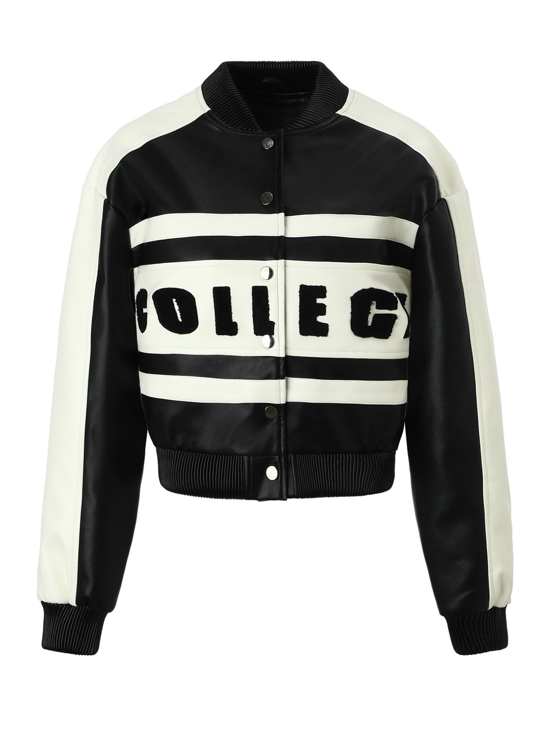 Damen Cropped College‑Bomberjacke aus Kunstleder mit kontrastierenden Streifen und Druckknöpfen Shop Nory