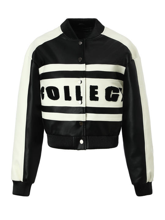 Damen Cropped College‑Bomberjacke aus Kunstleder mit kontrastierenden Streifen und Druckknöpfen Shop Nory