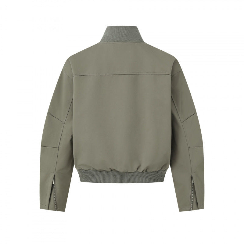 Unisex Kurz geschnittene minimalistische Bomberjacke mit geripptem Stehkragen und verdeckter Reißverschlussblende Shop Nory