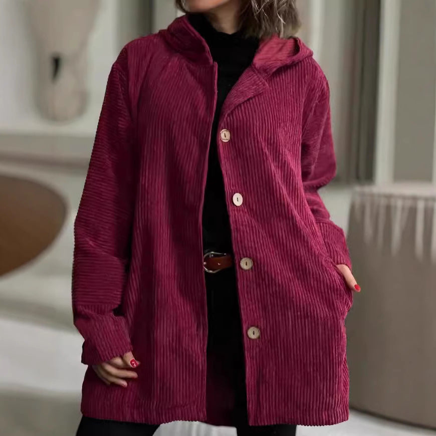Damen lässige und gemütliche Cordjacke mit Kapuze