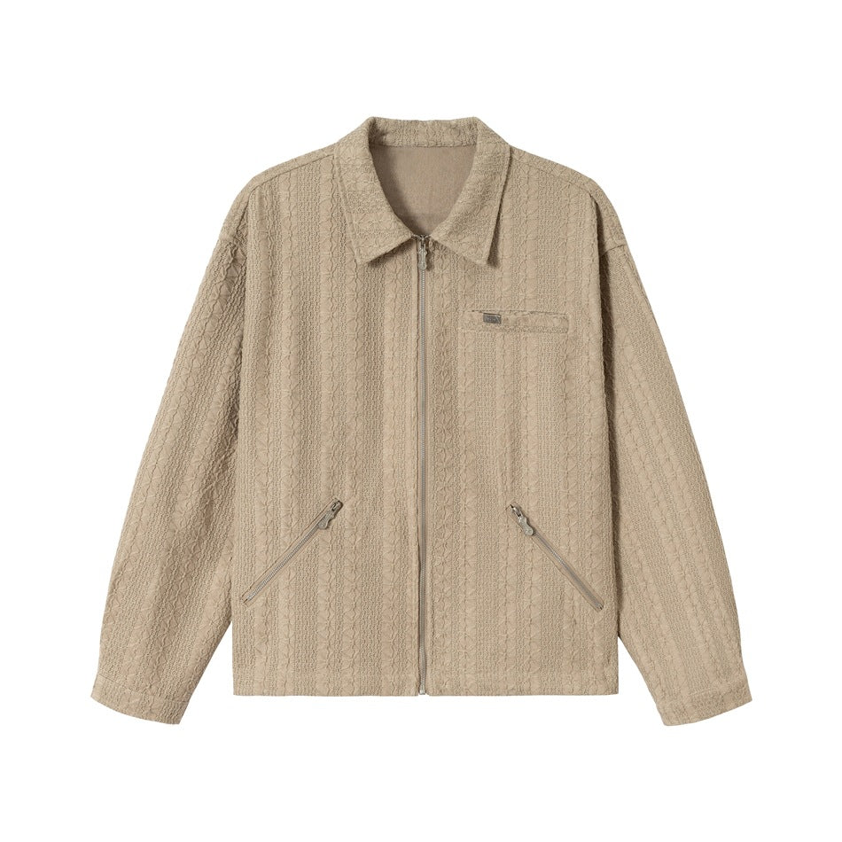Unisex Texturierte Zip‑Blousonjacke im kastigen Schnitt mit Hemdkragen und diagonalem Reißverschlusstaschen Shop Nory