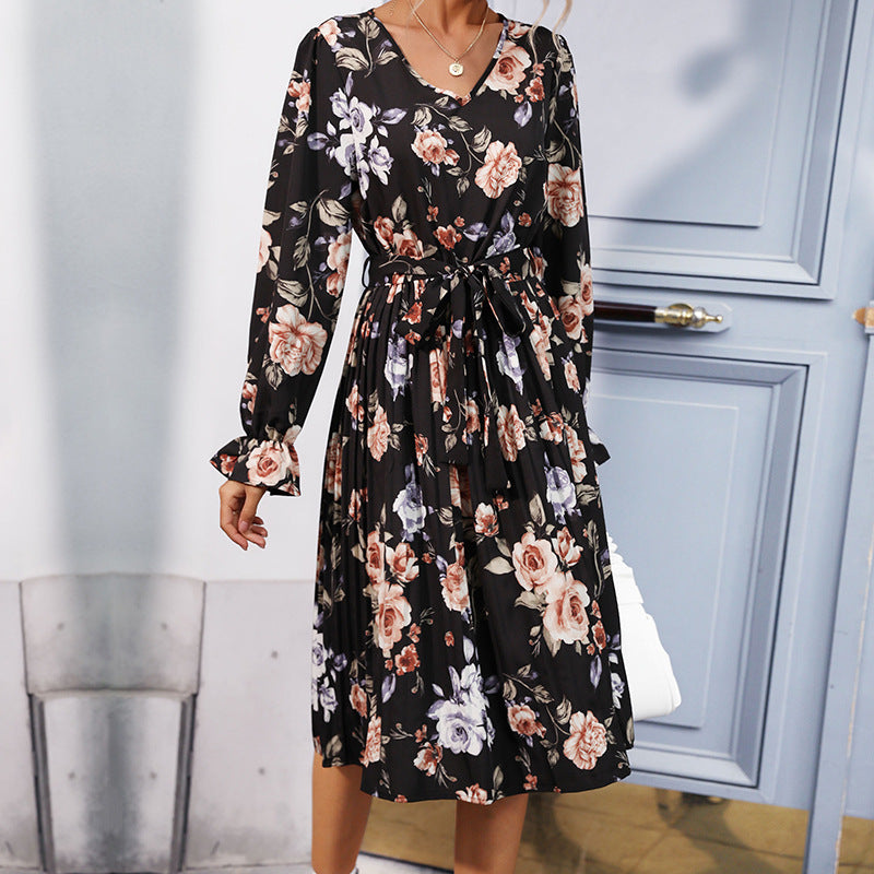 Damen Blumen-Midikleid mit V-Ausschnitt, plissiertem Rock und Taillengürtel Shop Nory