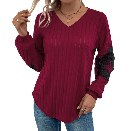 Damen Geripptes Longsleeve mit V‑Ausschnitt, Spitzen‑Einsätzen an den Ellbogen und Ballonärmeln Shop Nory