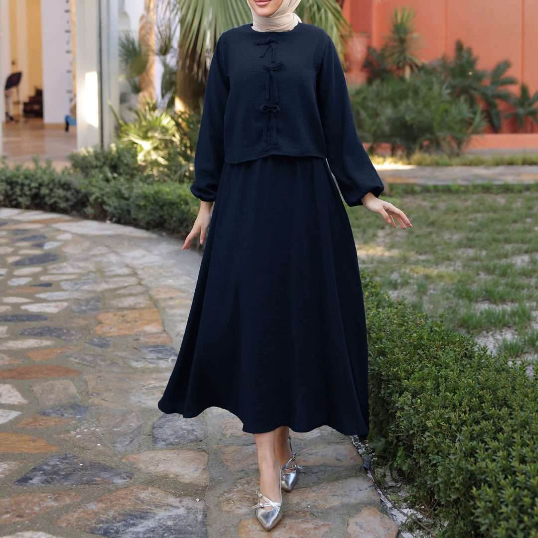 Damen Langes Zweiteiliges Maxikleid mit Überwurf, Rundhals und Zierknoten Shop Nory