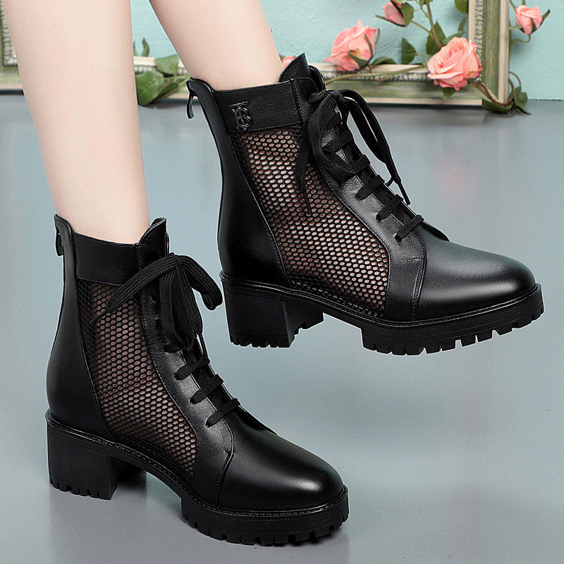 Damen Trendige Schnür-Stiefeletten mit Mesh-Einsatz und robustem Blockabsatz