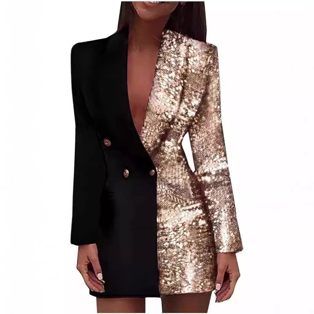 Damen Glamouröses Blazer-Kleid mit schimmerndem Effekt und tiefem Ausschnitt
