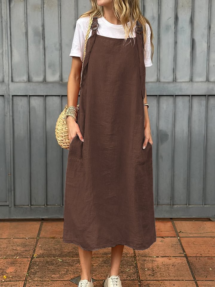 Damen Lässiges Leinen-Latzkleid mit praktischen Seitentaschen und verstellbaren Trägern Shopnory